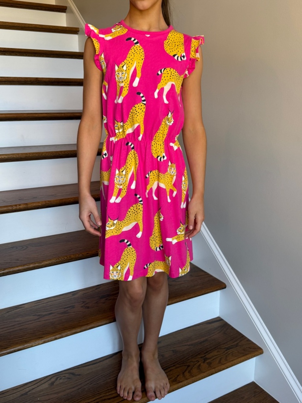NWOT Mini Boden Girls' Pink Lynx Print Frill Sleeve Jersey Sundress Dress 11-12